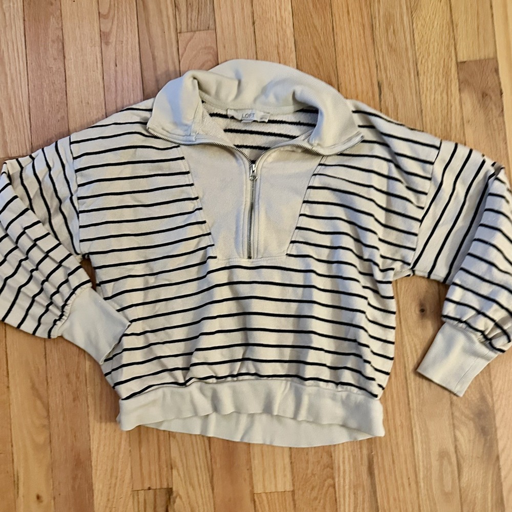 LOFT 1/4 Zip,  Classic Chic Stripped Creme Pullover, size‎ SP 100% cotton